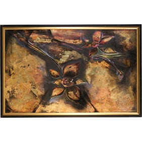 Signed S Hart, Mixed Media Painting on Canvas, Abstract Shimmery Flowers