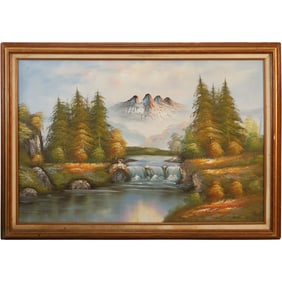 W Amlon, Oil on Canvas Painting Mountainous Landscape weith Waterfalls Stream