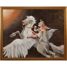 Samuel Gana, Fantasy Oil on Canvas Painting, Woman Riding a White Pegasus Horse