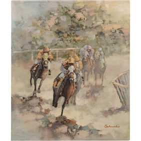 Signed Schneider, 20th C. Oil on Canvas Painting Horse Race