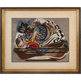 Gino Severini (1883 - 1966) Italy, France, Gouache Painting Still Life Bowl of Fruits Grapes Citrus