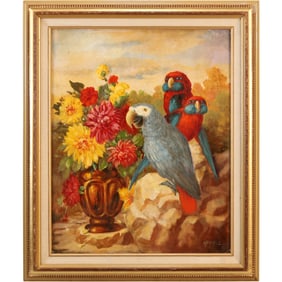 Artist Signed Vintage Oil Painting Parrots with Flowers, Framed