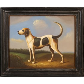 Foxhound standing in a Landscape Oil Painting Mounted on a Wood Panel, Framed