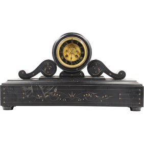 19th C. Black Slate Neo Classical Large Mantle Clock with Incised Gold Accent 21.5 in. length