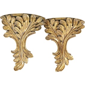 Pair Serge Roche Style Italian Gold Regency Molded Wall Mount Bracket Shelves 21 in. length