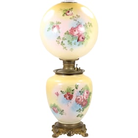 Gone With The Wind  Lamp, Yellow with Hand Painted Flowers, Electrified, 19 inches height