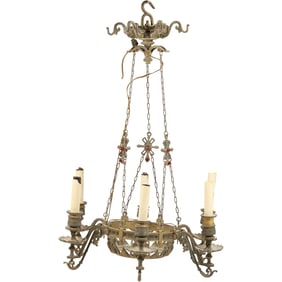 Antique French Victorian Hanging Chandelier Bronze with Red Jewel Accents 24 in. x 17 in. wide