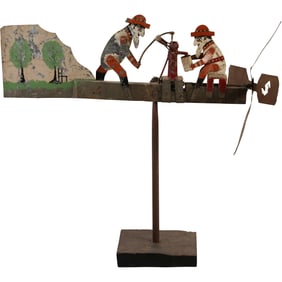 Antique Folk Art Whirligig Two Men Pumping Water From Well, Original Paint Finish, on Stand