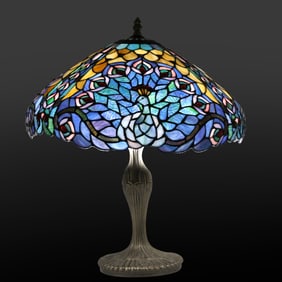 20th C. "Peacock" Leaded Stain Glass Shade Decorator Table Lamp 15.5 in. dia. shade