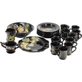 Black Ceramic dinnerware decorated with a grape and leaf motif , Artist Signed, See Pictures