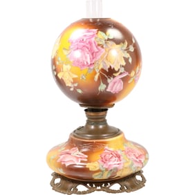 Gone With The Wide Lamp, Amber Brown with Hand Painted Flowers, Squat Base, Electrified