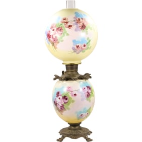 Gone With The Wind Lamp, Yellow Blue, Hand Painted Flowers, Electrified, 19 inches height