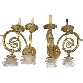 Pair French Bronze "Over and Under" Wall Sconces, Satin Glass Flower Shades, 17 in. x 11 in.