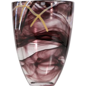 Kosta Boda Sweden Abstract Purple / White Swirl Art Glass Vase with Label