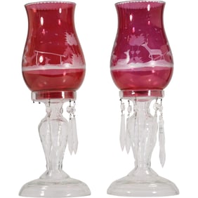 Pair of Crystal Glass Hurricane Lamps with Cranberry Etched Glass Shades and Prisms