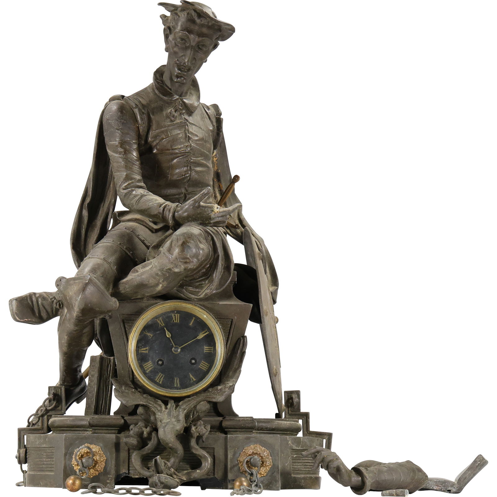Large 19th C. French Spelter Figural Clock – Don Quixote, Original Patina (1 of 20)