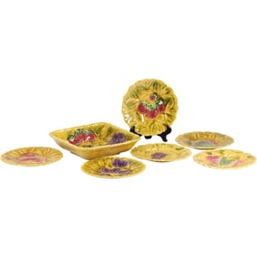 Vintage Sarreguemines French Majolica Fruit Set – Luncheon Plates & Center Bowl