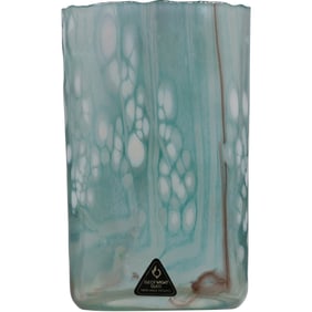 Isle of Wright Glass England Handmade Teal Marbled Look Vase with Label