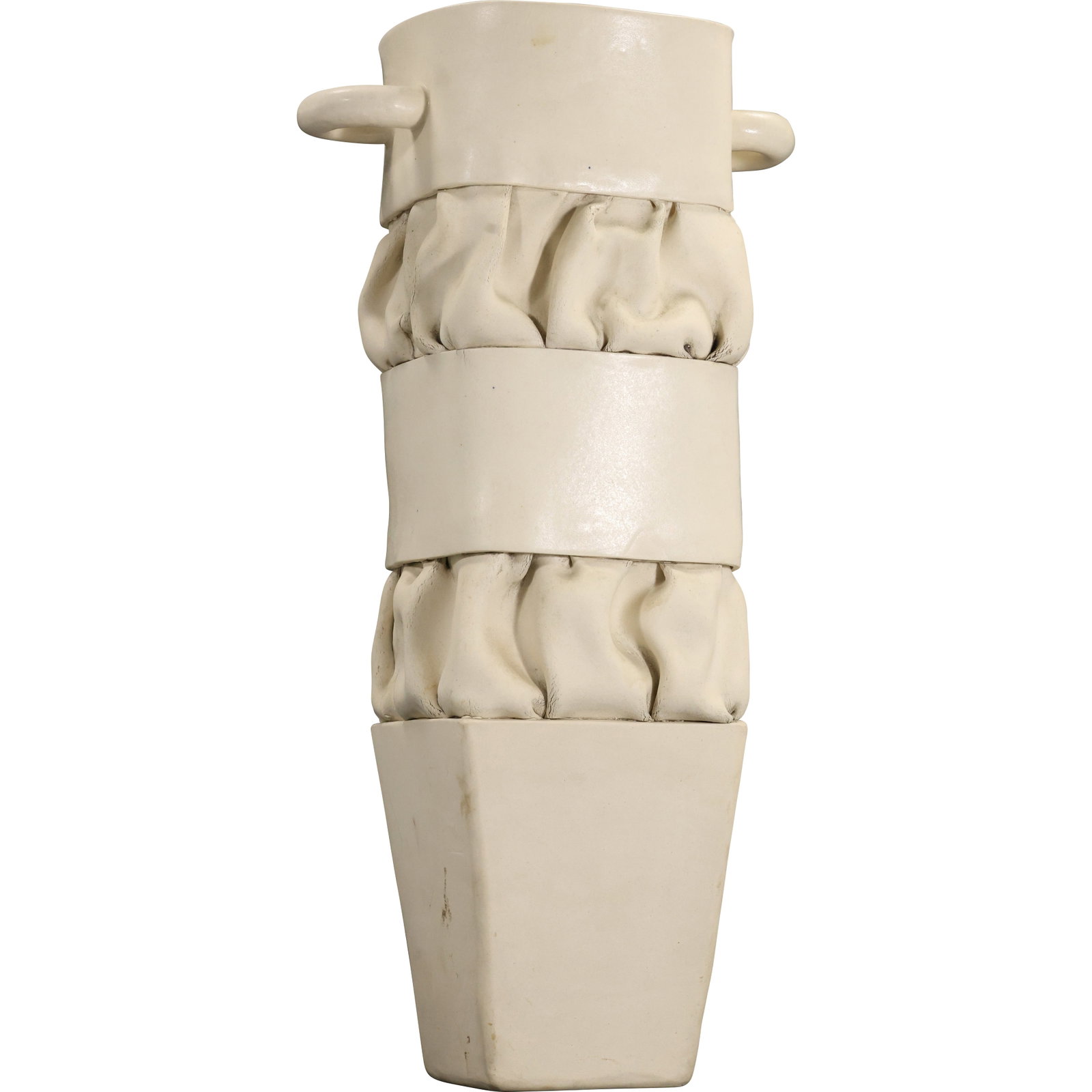 Unusual Tall White Art Pottery Vase 17 in. height, Artist Signed and Dated 1982: he vase has a striking sculptural form with alternating smooth and relief sections, including raised abstract bands. Finished in a white glaze with subtle tonal variations.The piece is artist signed a