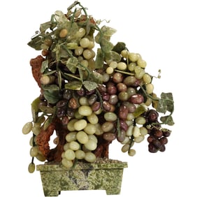 Vintage Jade Grapes Tree Sculpture – Hardstone Fruit & Leaves in Stone Base