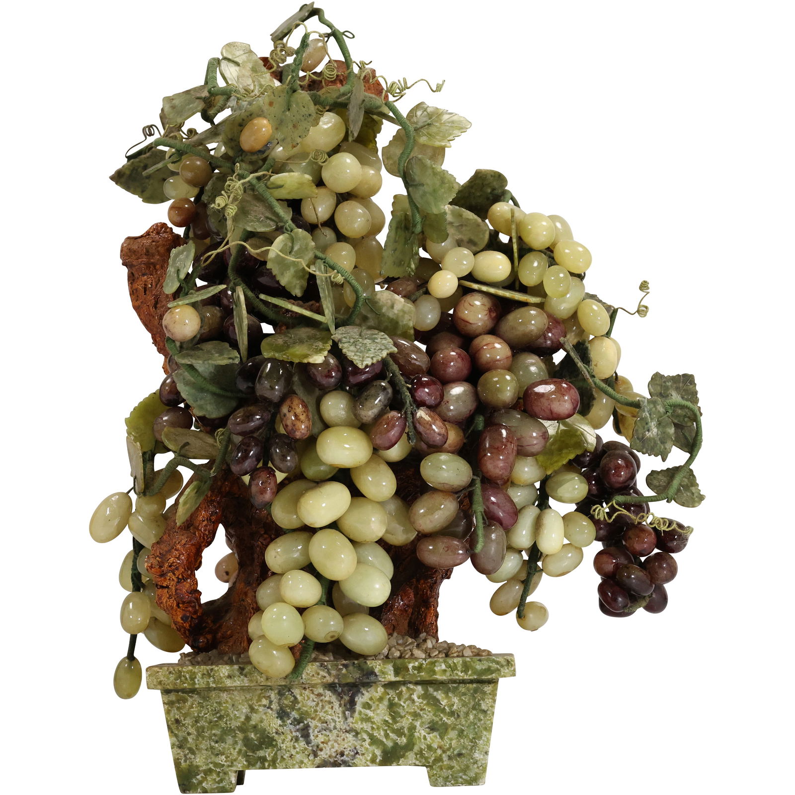 Vintage Jade Grapes Tree Sculpture – Hardstone Fruit & Leaves in Stone Base (1 of 20)