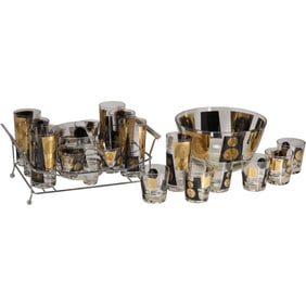 Extensive Vintage Cera Glassware Set – Black & 22K Gold “Coin” Pattern