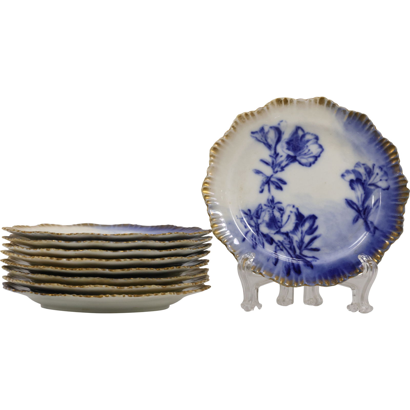 Set of 9 Antique 19th C. Flow Blue Cabinet Plates – Floral Design, Stoke Crescent China (1 of 11)