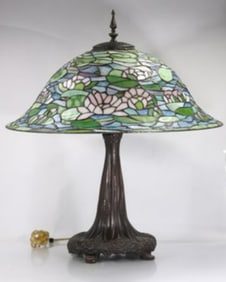 20th C Decorative Leaded Stain Glass "Waterlily" Table Lamp 28 in. height x 22.5 in. dia. shade