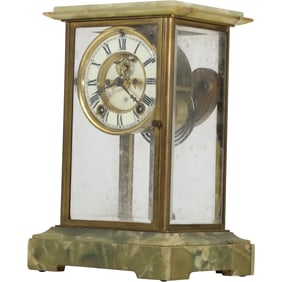 Ansonia Crystal Regulator Mantle Clock in Green Onyx amd Brass Frame, No Pendulum, No Key