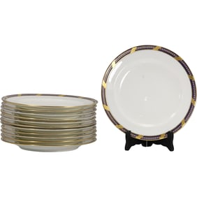 Set of 12 Minton Fine Porcelain Dinner Plates  Cobalt Blue & Gold Rim 10.5 in. diameter