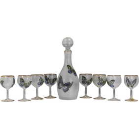Frosted Glass "Butterflies" Decanter with 8 Matching Stemmed Goblets