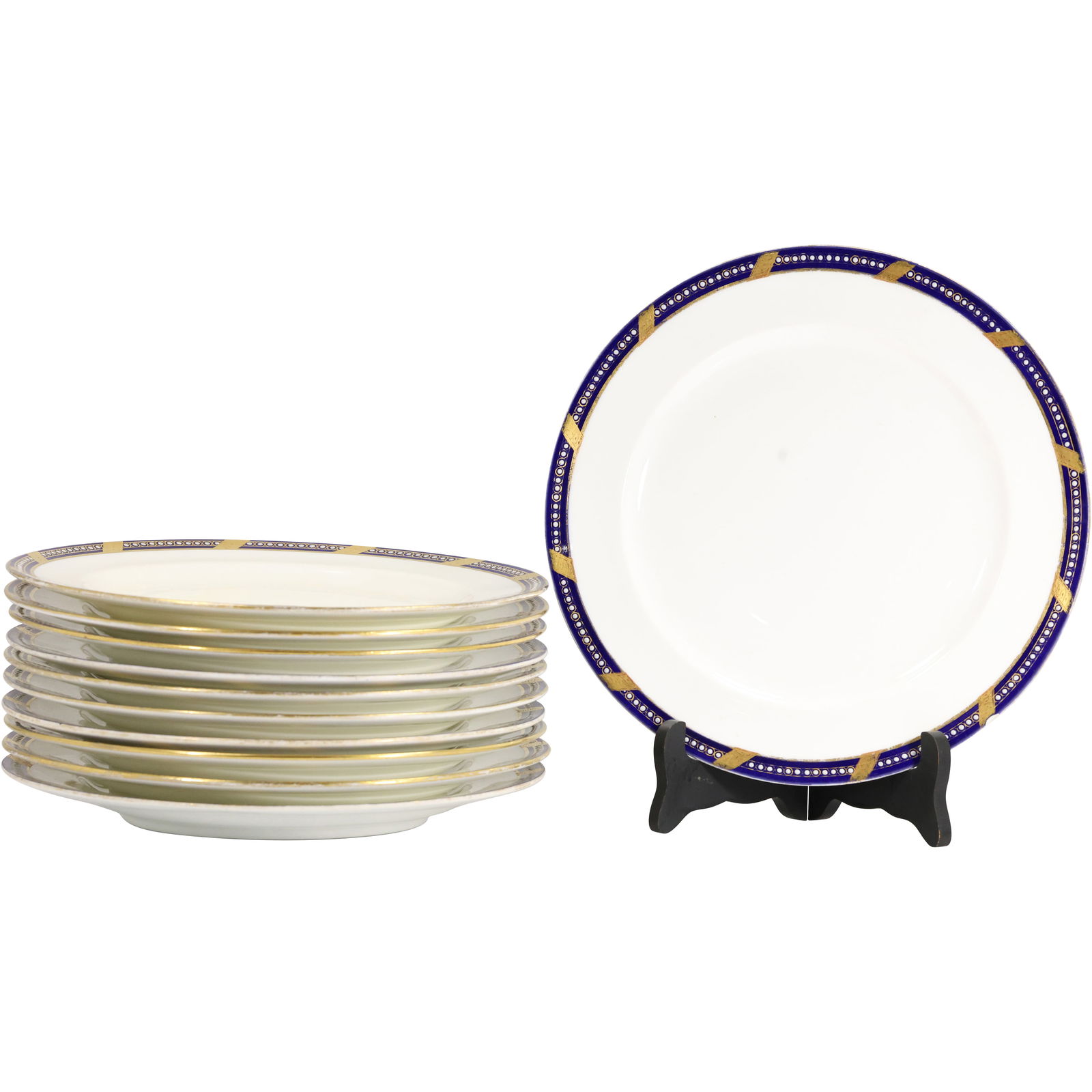 MINTON Set of 10 Fine Porcelain Service Dinner Plates Cobalt and Gold Rims 10.5 in. diameter (1 of 10)