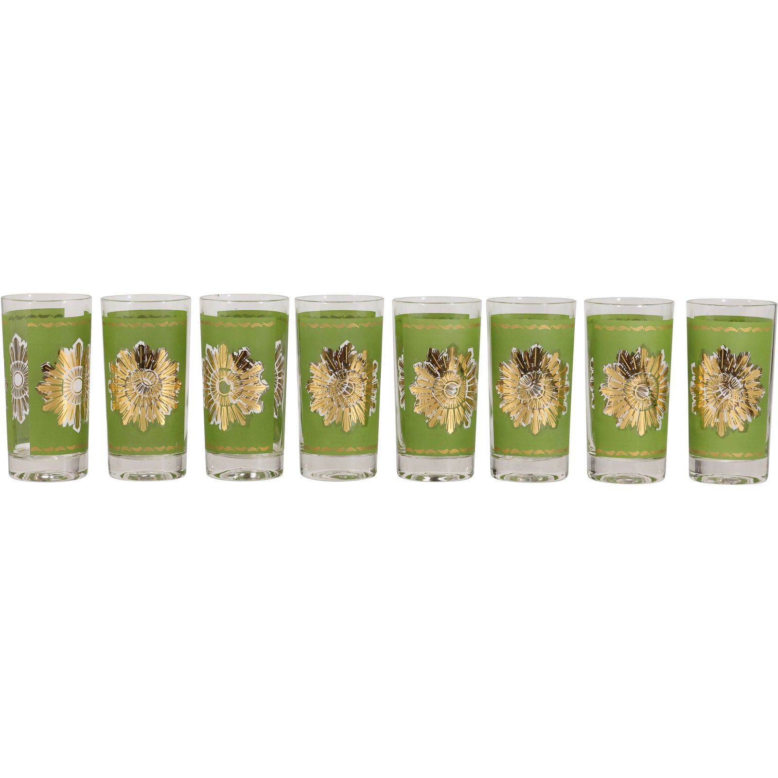 Set 8 Vintage Green And Gold Starburst Highball Glasses Mid-Century Modern Barware (1 of 8)