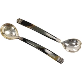 .925 Sterling Silver with Horn Handles Salad Toss 2-Pc. Set 11.5 inches length x 3 in. wide