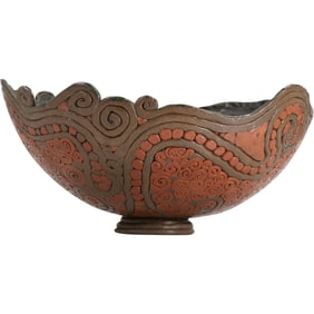 LARGE RB STUDIO ART POTTERY BOWL. APPLIED COLORED POTTERY DOTS AND SCROLLS. SIGNED