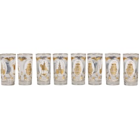 Set 8 Vintage Libbey Americana Highball Glasses, Patriotic Medallions and a Gold Eagle Band.