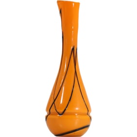 Tall Mid-Century Modern Orange Glass Vase with Veins Decoration 16 inches height