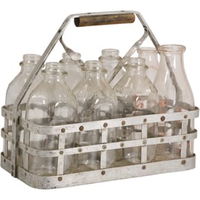 Vintage Milk Carrier With 8 Old Milk Bottles [Dellwood]