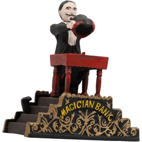 Novelty Cast Iron Magician Mechanical Coin Bank in Original Paint Finish