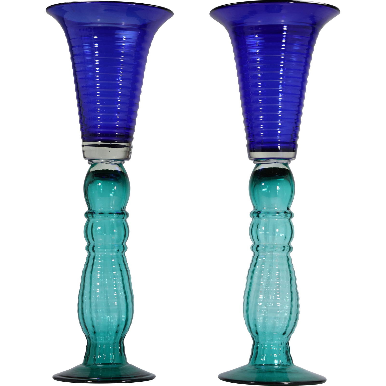 Vintage Pair Of Hand Blown 22" height Ribbed Cobalt Blue, Clear & Teal Green Art Glass Vases (1 of 16)