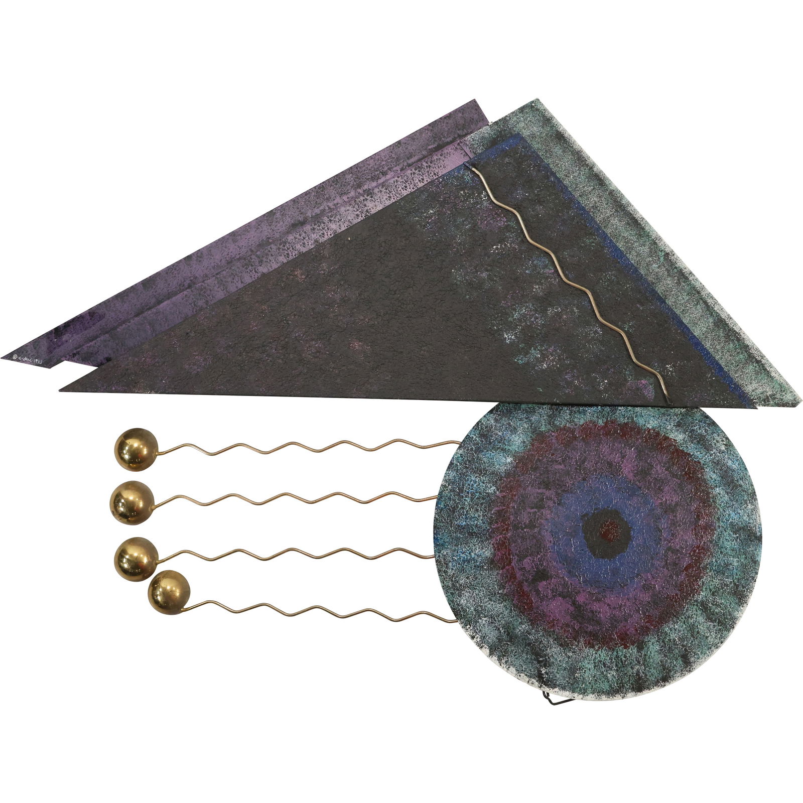 Signed and Dated CURTIS JERE 1993, Memphis style Metal Wall Scu;pture 45 in. x 34 in.: Signed and Dated CURTIS JERE 1993, Memphis style Metal Wall Scu;pture 45 in. x 34 in. size: 45h 34w S:MID