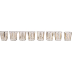 Set 8 vintage Mid-Century Modern shot glasses with a gold wheat design