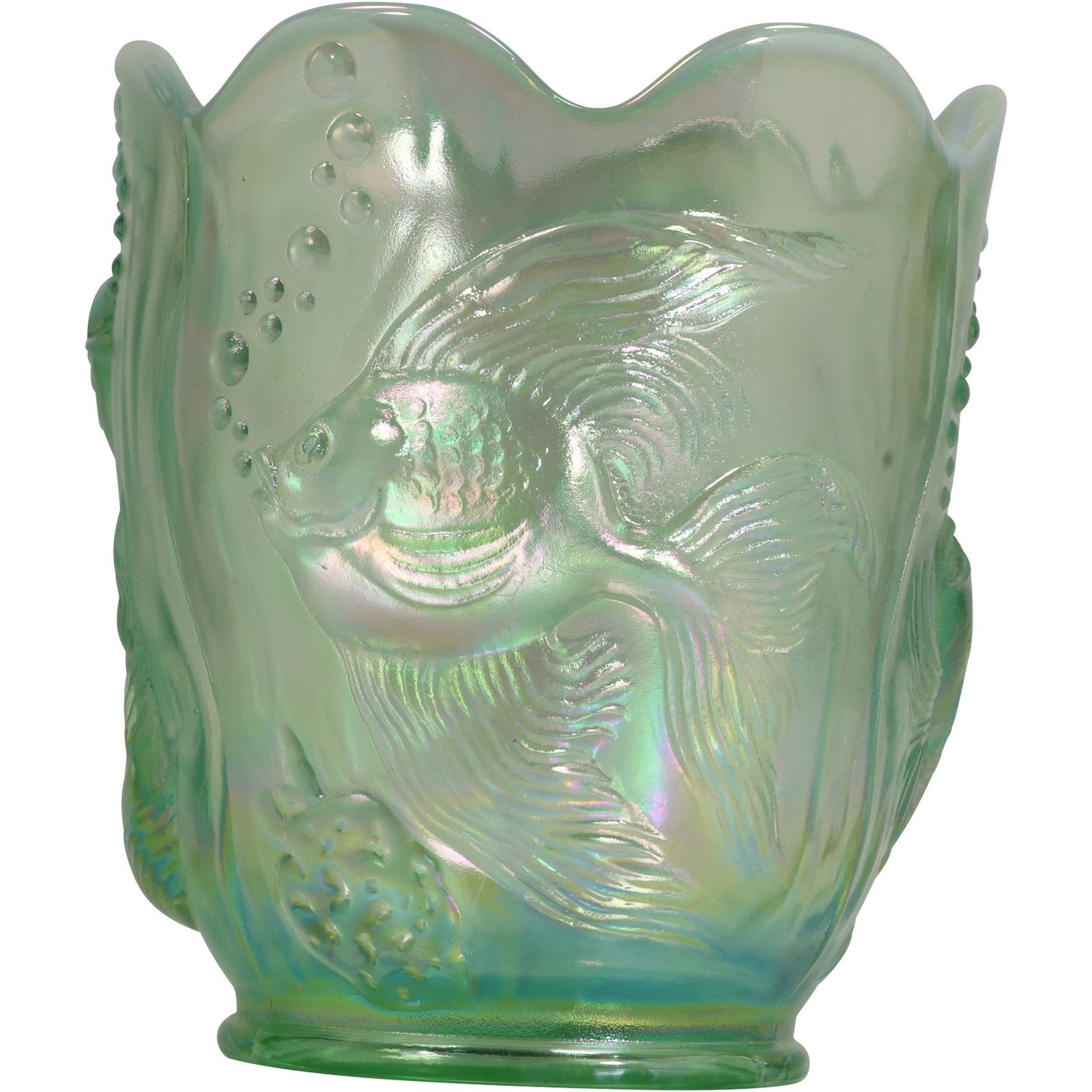 Fenton Atlantis Vase, Green Iridescent Finish and Embossed Fish Motif. 6.5 in. height x 5.5 in. wide: Fenton Atlantis Vase, known for its iridescent finish and embossed fish motif. Pattern: The Atlantis pattern features fish with bubbles, often in an aquatic or underwater theme. size: 6.5h 5.5w S:A