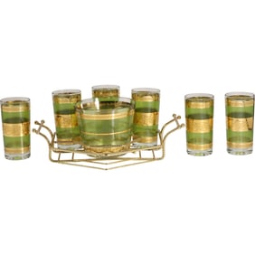 Vintage STARLYTE Green & Gold 22k Set 6 Highball Glasses, Ice Bucket, Metal Caddy