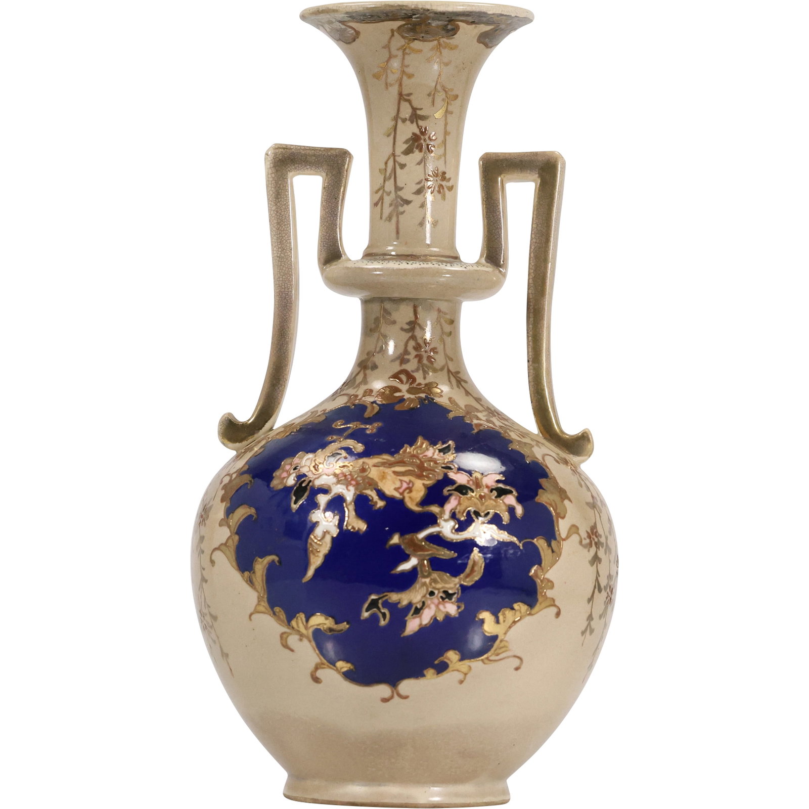 Vase created by the Greenwood Pottery Company, based in Trenton, New Jersey Circa 1880s: vase created by the Greenwood Pottery Company, based in Trenton, New Jersey. This particular style, with its deep blue glaze and raised gold decoration, is characteristic of the company's "Ne Plus Ult