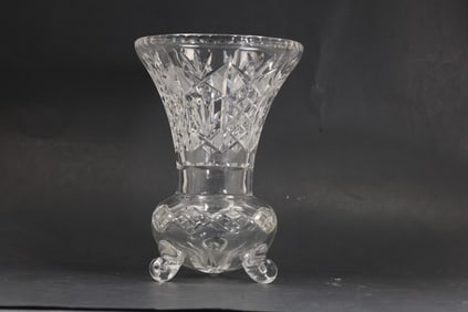 Vintage Decorative Crystal Glass Incised Tripod Modernist Design Vase 11 in. height x 8 in. wide