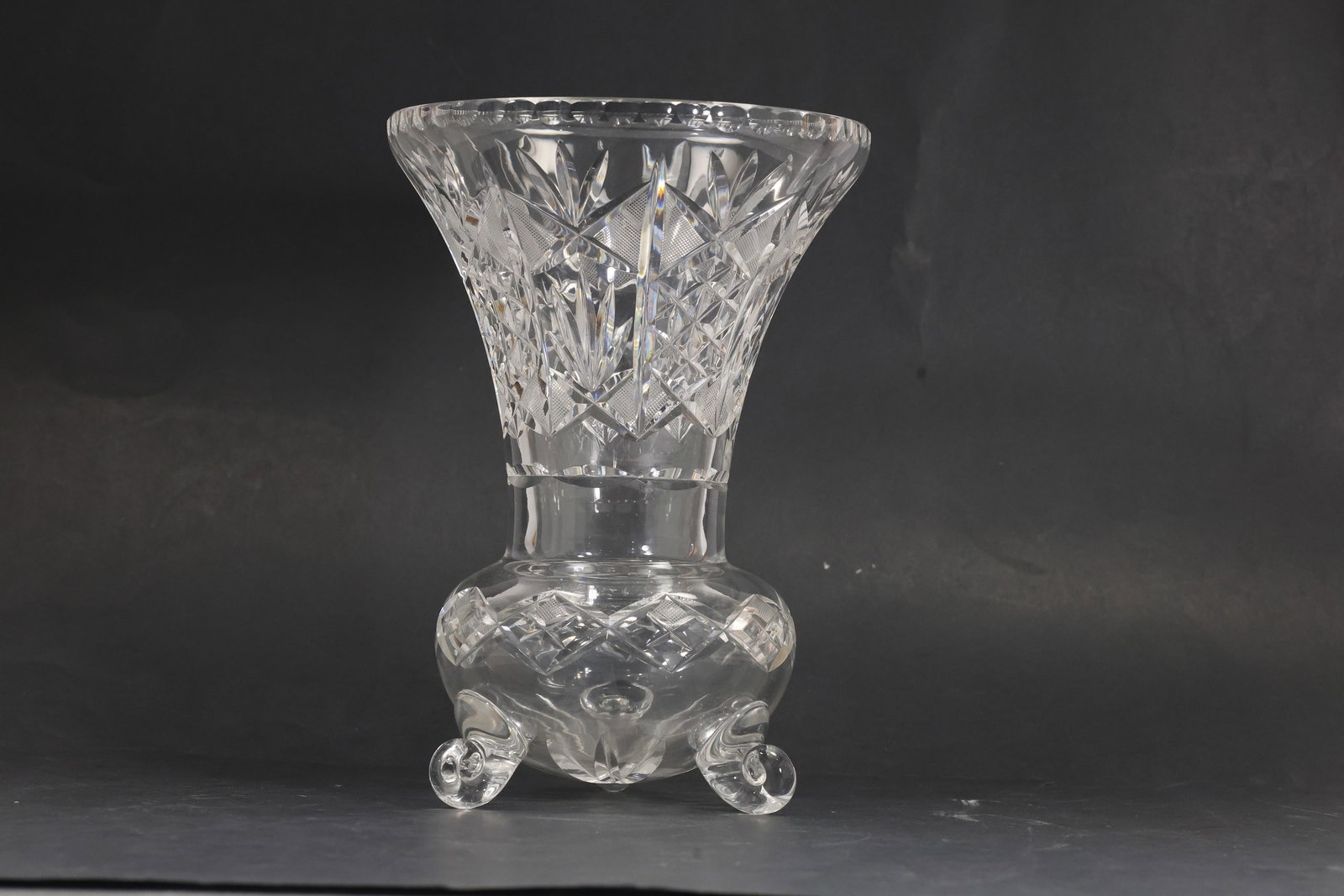 Vintage Decorative Crystal Glass Incised Tripod Modernist Design Vase 11 in. height x 8 in. wide (1 of 13)