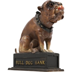 Novelty Cast Iron BULL DOG Mechanical Coin Bank in Original Paint