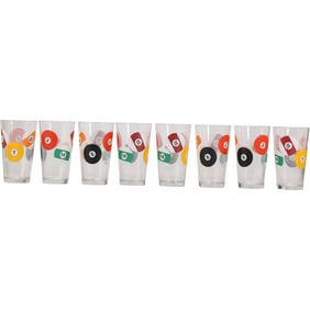 Set 8 vintage billiard or pool ball themed drinking glasses.