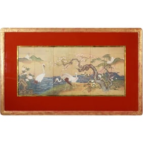 Framed Japanese Panel Painting Cranes and a Landscape with Flowering Trees and Bamboo